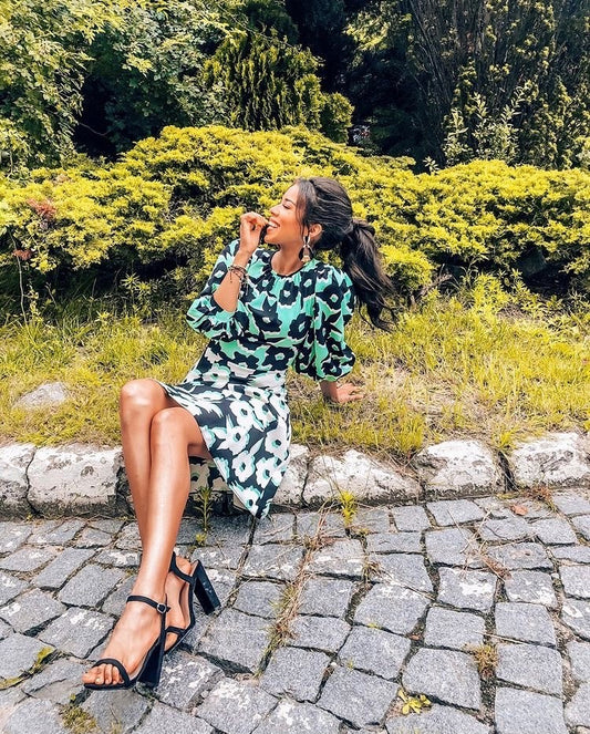 Green, black and white Closet London Puff Sleeve Dress