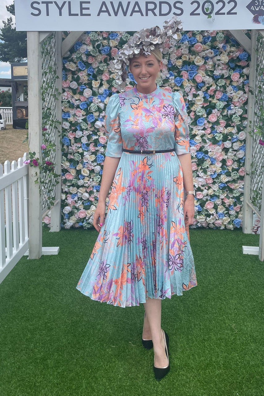 CLOSET LONDON BLUE HIGH NECK FLORAL PRINT PLEATED DRESS