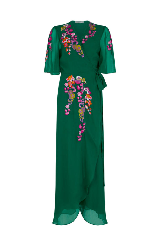 The Green  Embroidered Flutter Sleeve Maxi Dress with Tie Waist