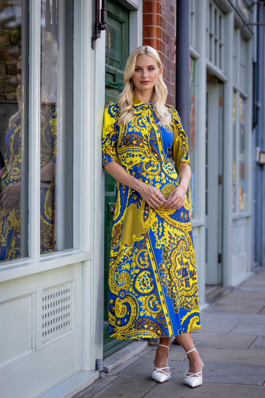 CLOSET LONDON ROYAL BLUE & YELLOW  A-LINE SHIRT DRESS