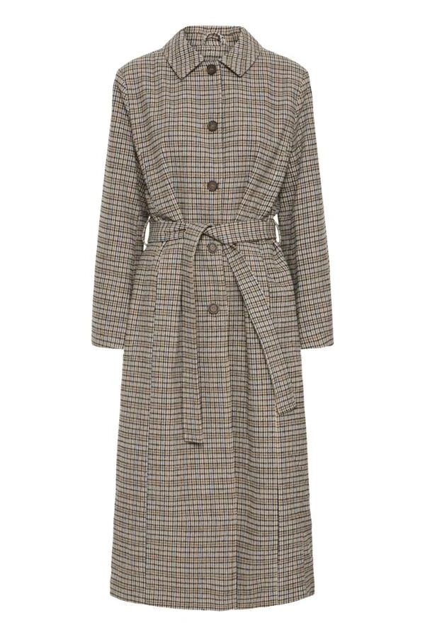 Fransa Check brown tobacco belted coat