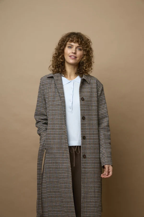 Fransa Check brown tobacco belted coat