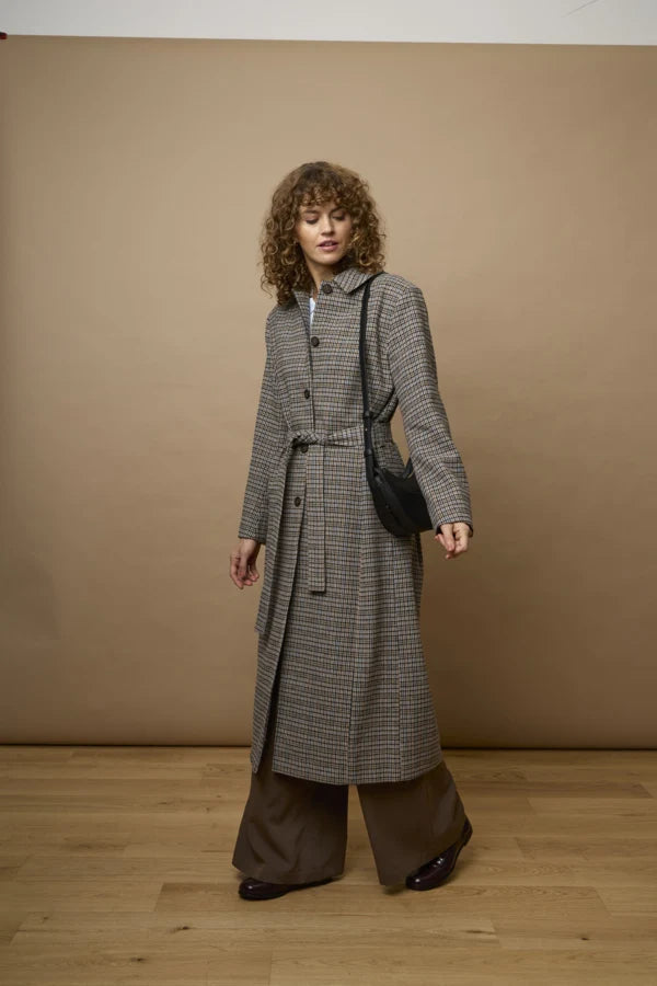 Fransa Check brown tobacco belted coat