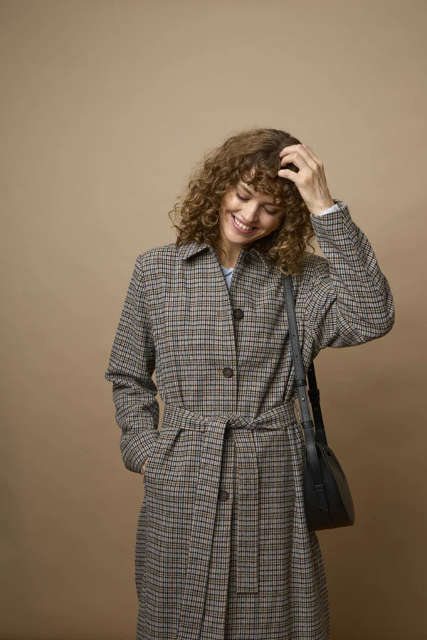 Fransa Check brown tobacco belted coat