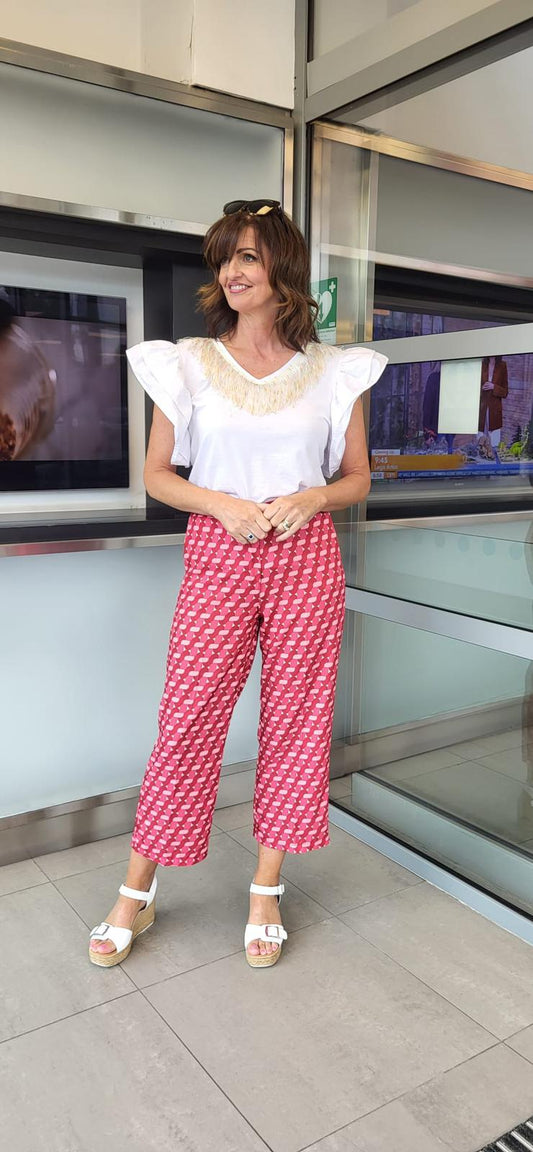 Red Sequence Print Trousers