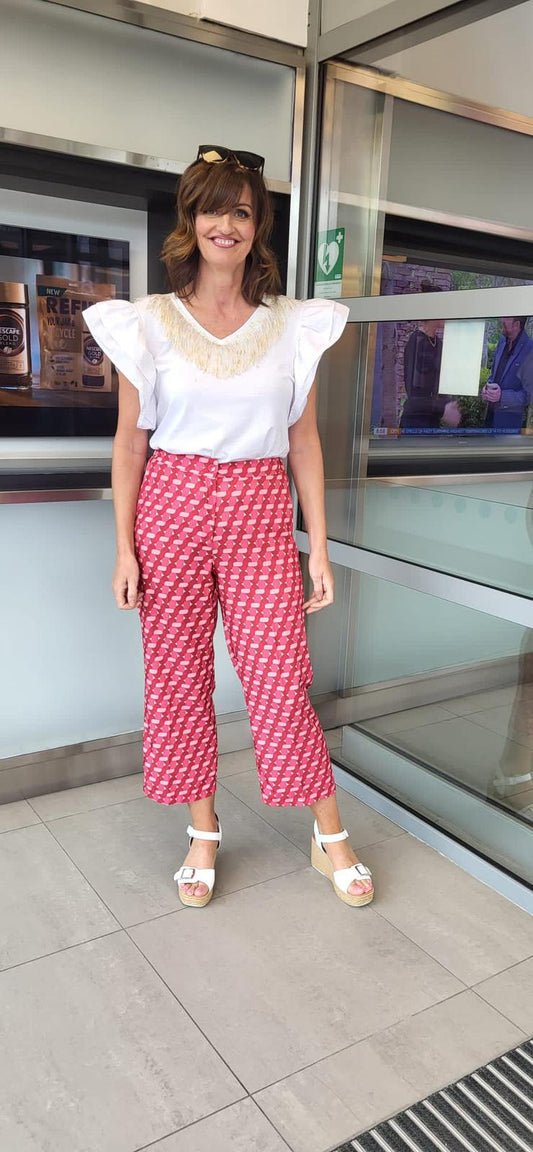 Red Sequence Print Trousers