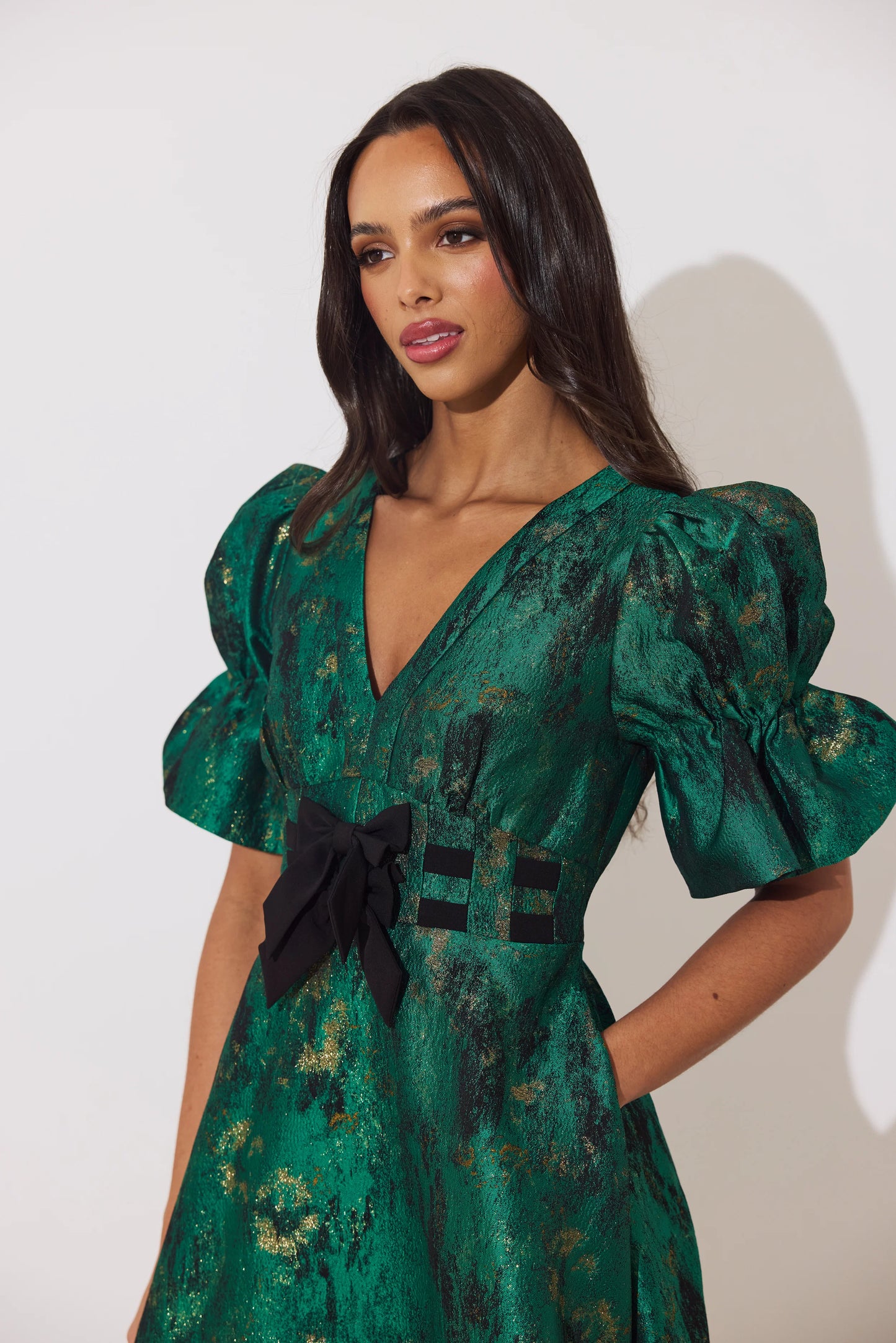 Callie Metallic Emerald Bow Full Skirt dress