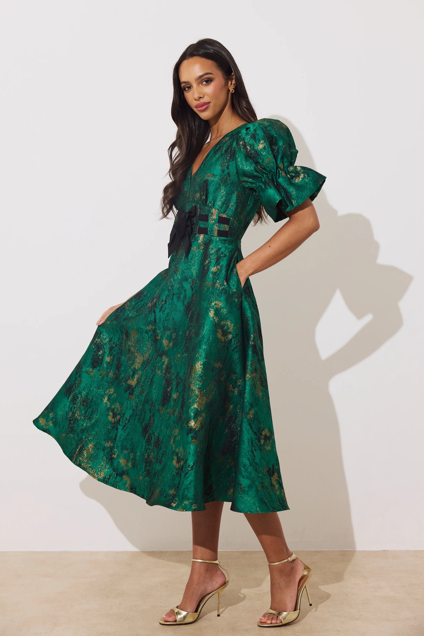 Callie Metallic Emerald Bow Full Skirt dress