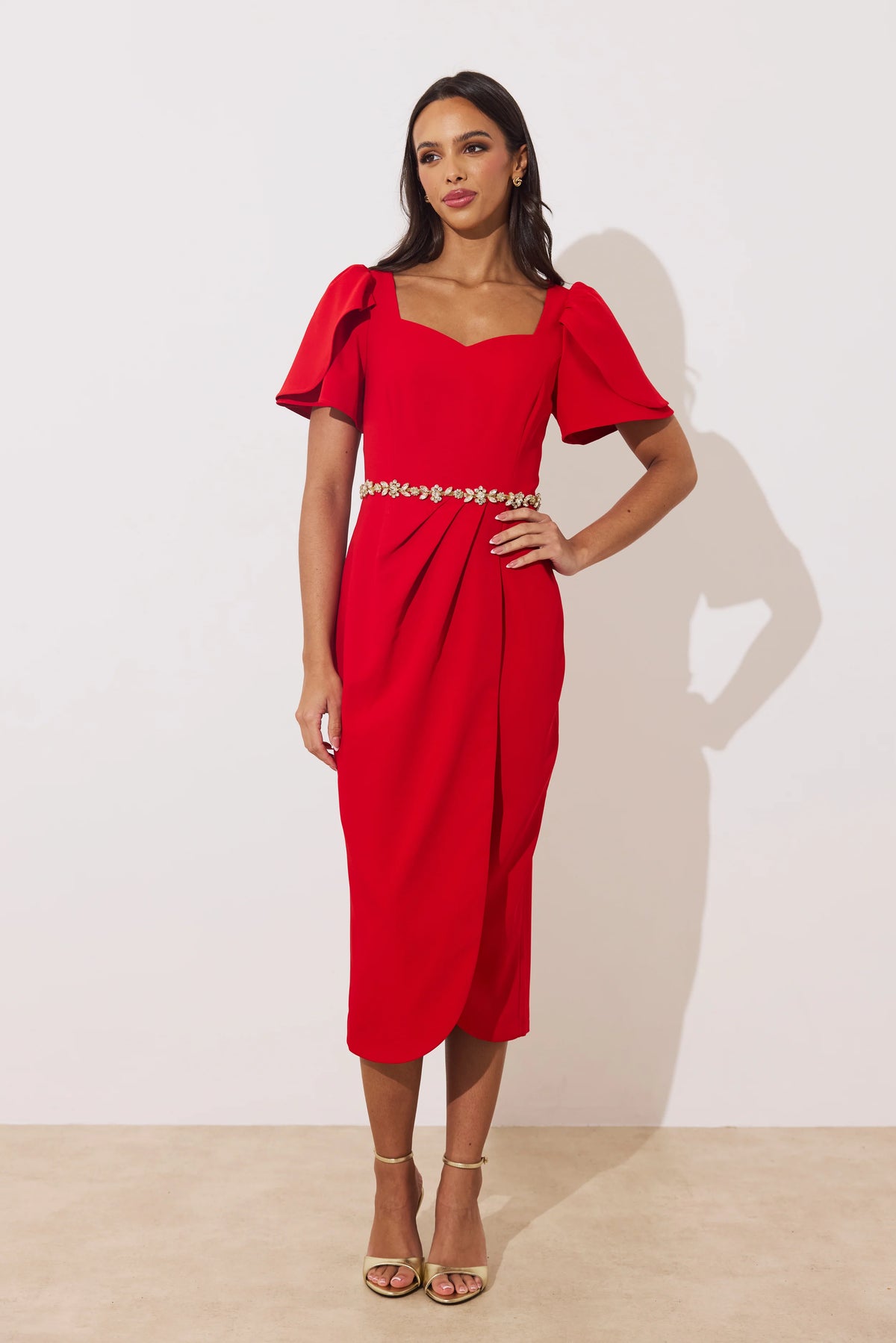 Solana Embellished waist tullip skirt mid- red