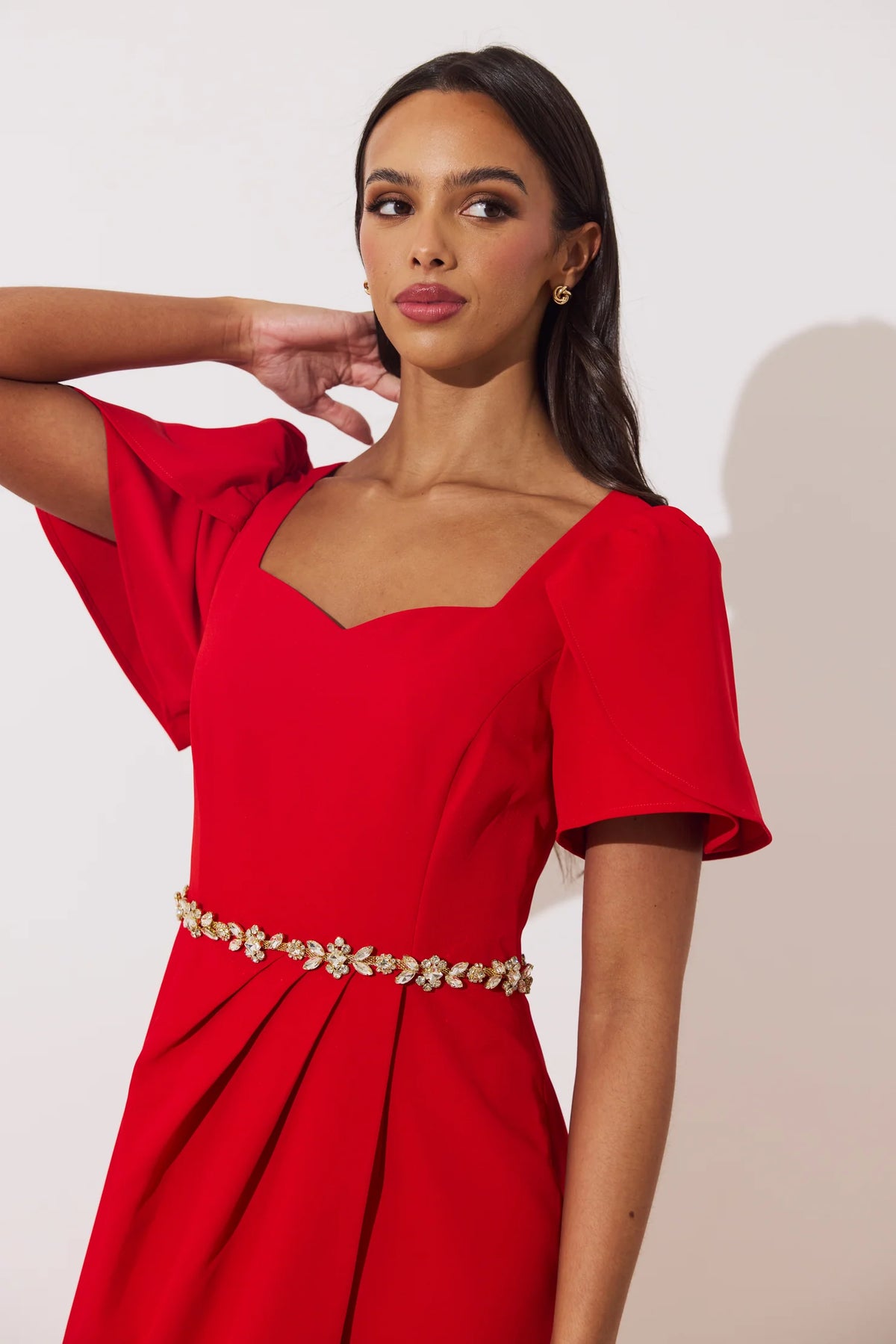 Solana Embellished waist tullip skirt mid- red