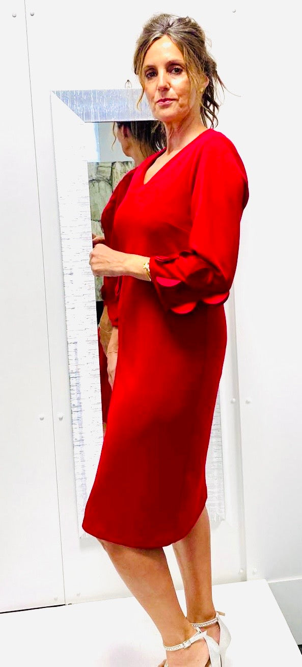 Red Peruzzi dress with flower cuff detail