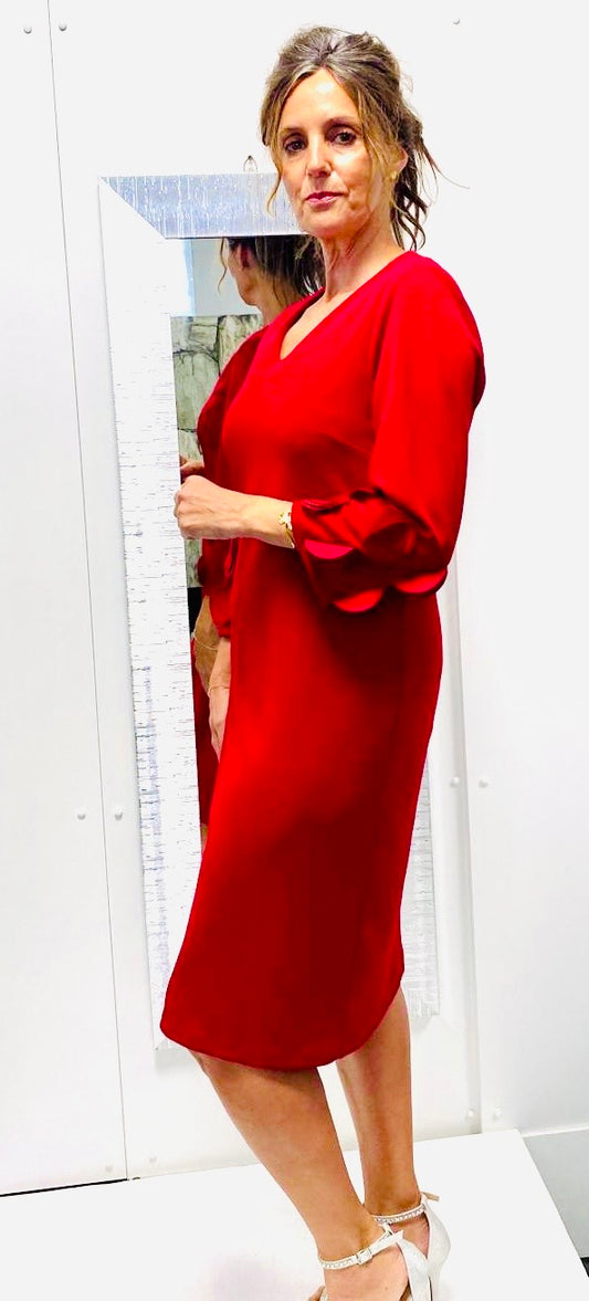 Red Peruzzi dress with flower cuff detail