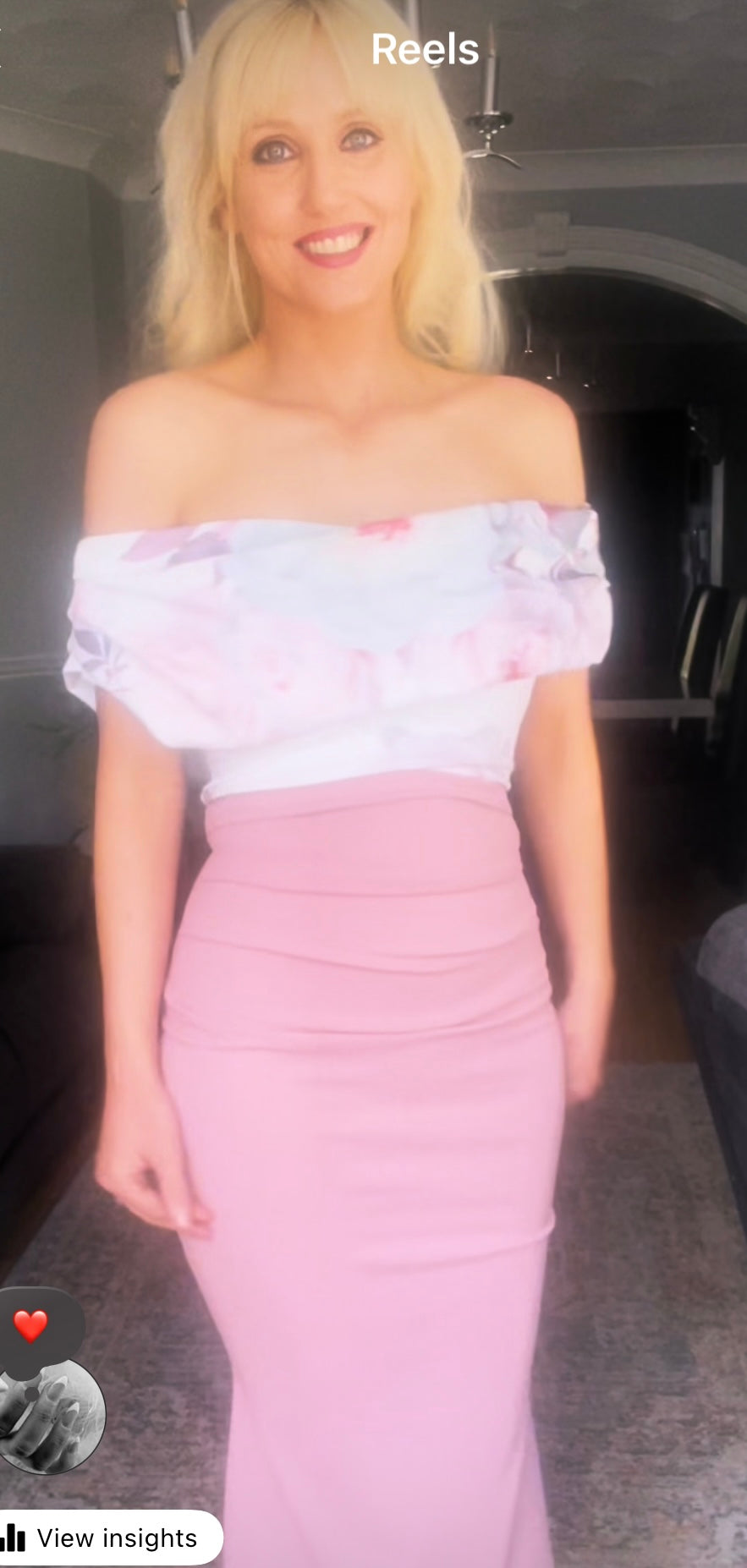 Two tone blush and white Bardot dress