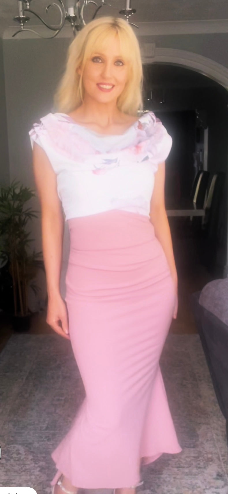 Two tone blush and white Bardot dress