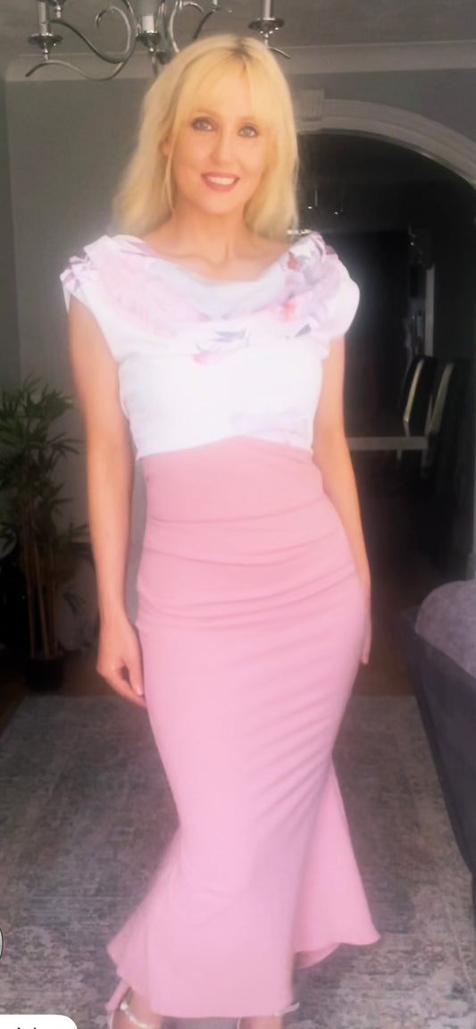 Two tone blush and white Bardot dress