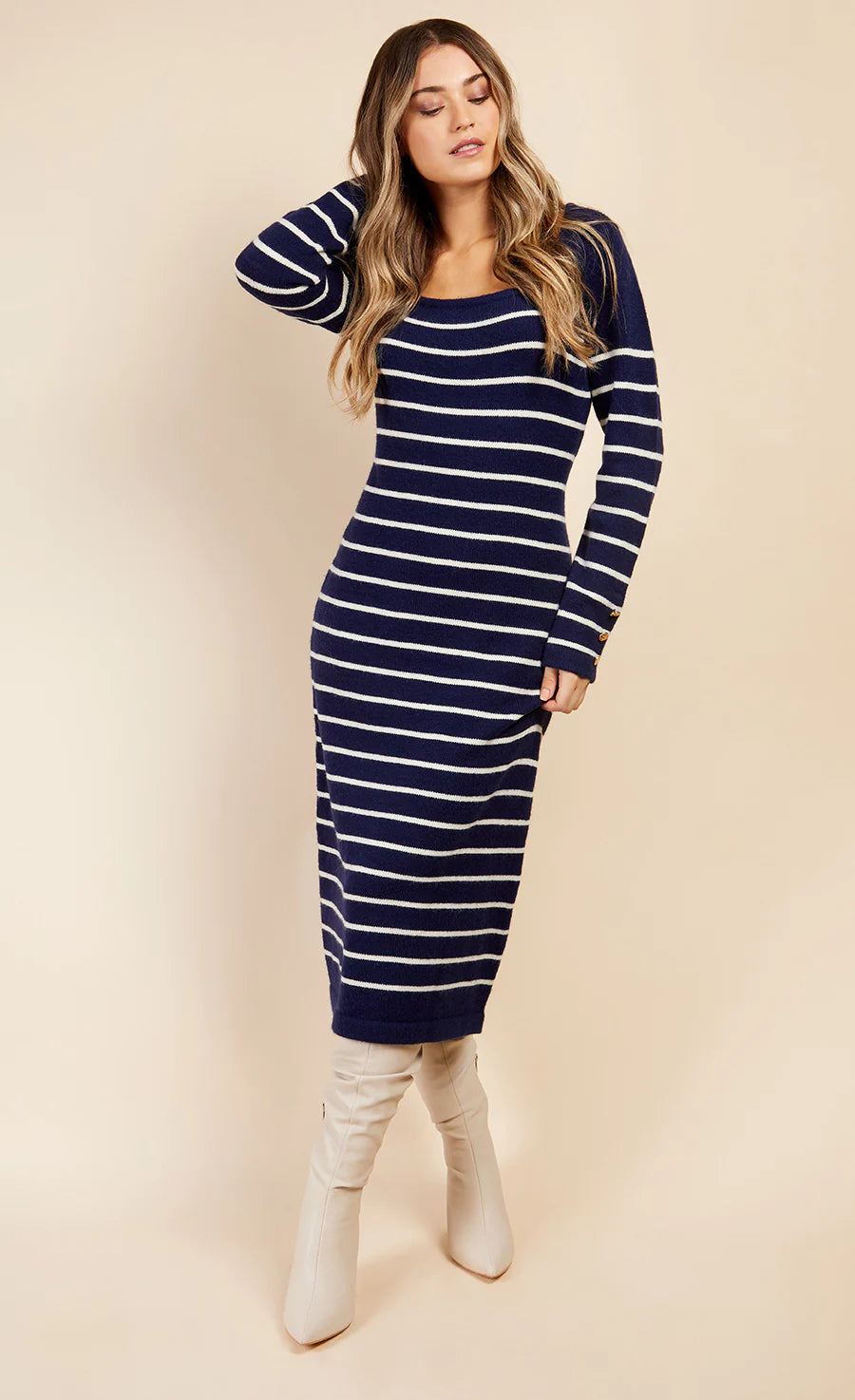 Navy Stripe Knit Midi Dress By Vouge Williams