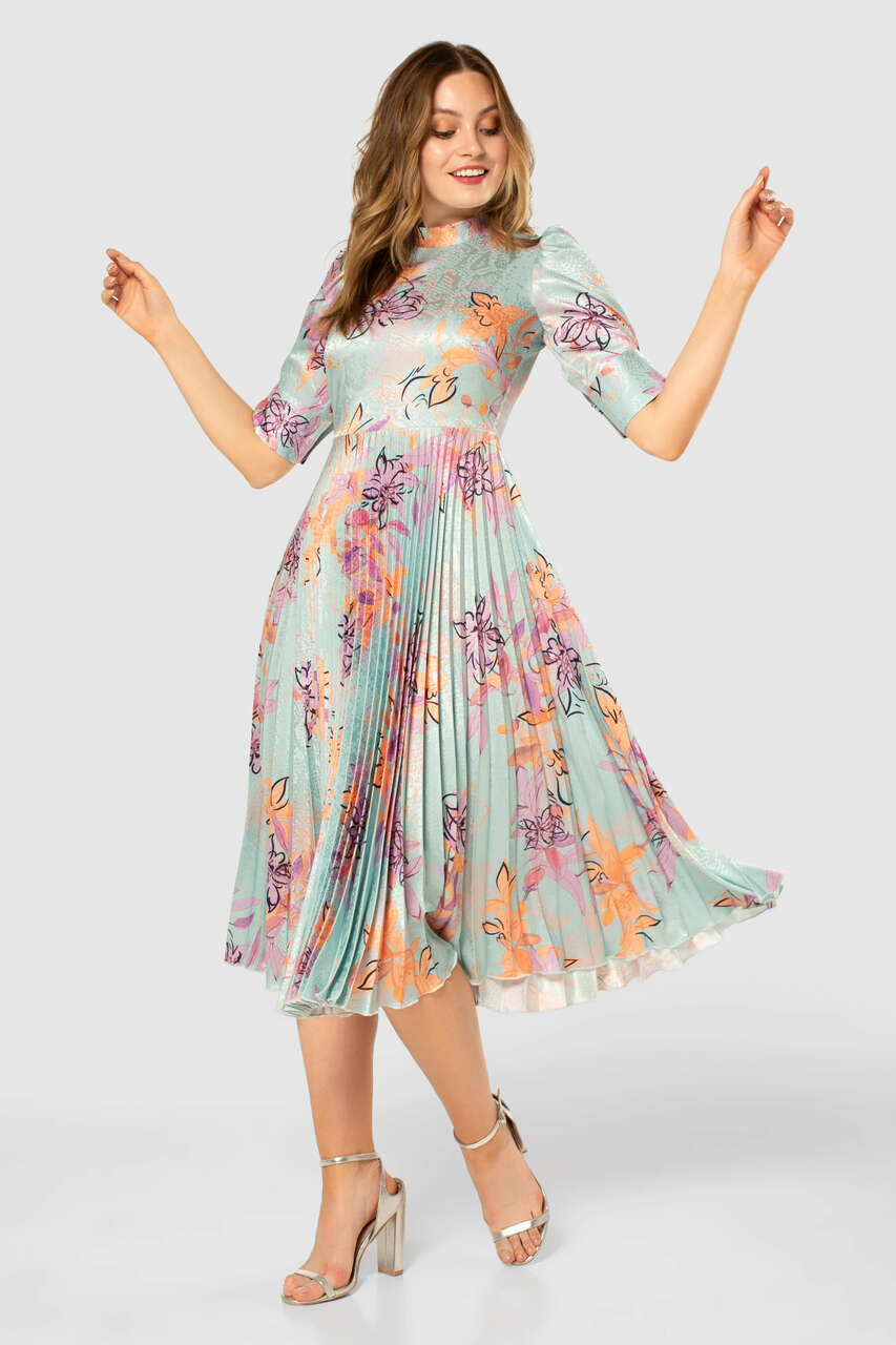 CLOSET LONDON BLUE HIGH NECK FLORAL PRINT PLEATED DRESS