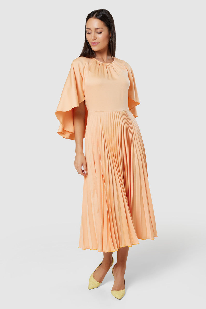 CLOSET LONDON PEACH ORANGE PLEATED SKIRT CAPE MIDI DRESS