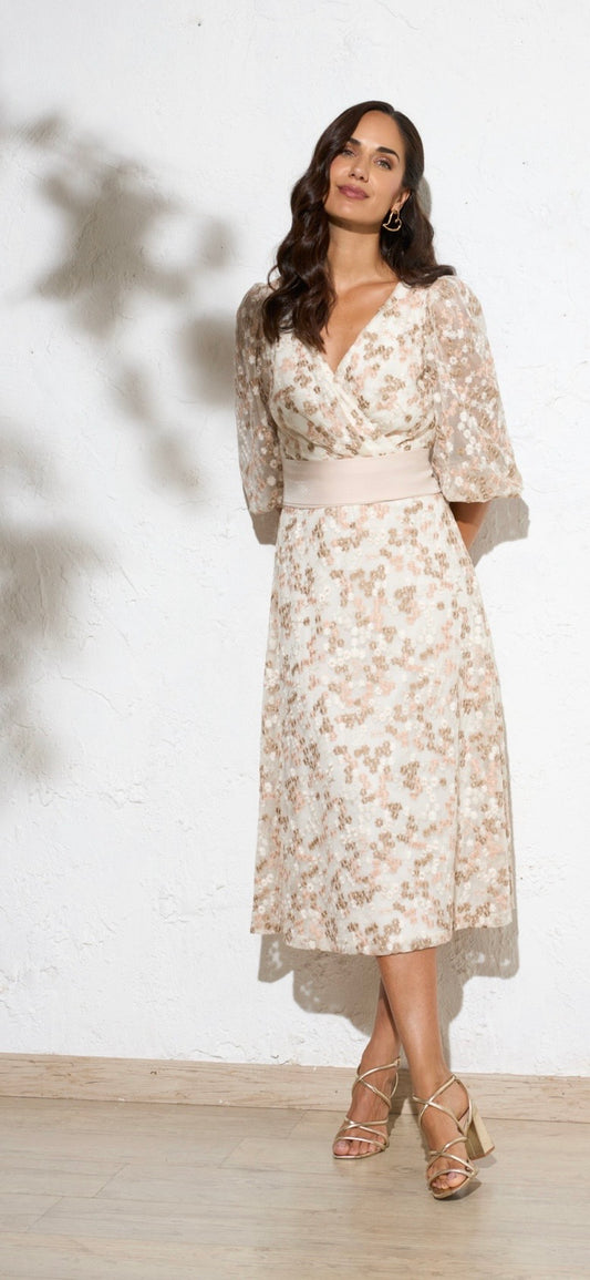 Cream floral tie belt dress