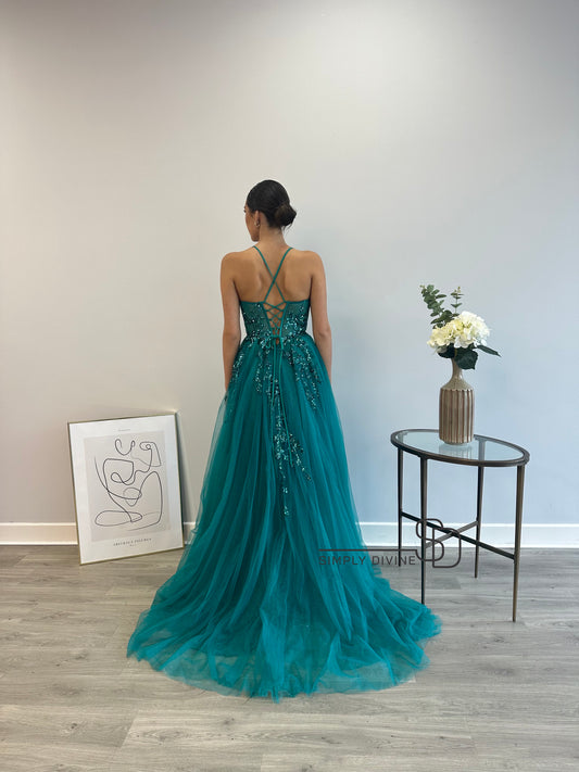 CANNOT BE PURCHASED ONLINE -INSTORE ONLY JADE CORSET STRAP SEQUENCE DETAIL DRESS EMERALD, ONLY AVAILABLE IN STORE