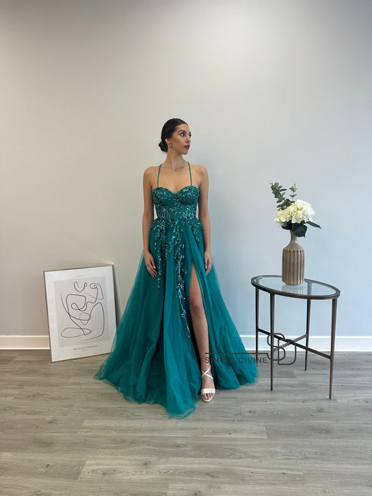 CANNOT BE PURCHASED ONLINE -INSTORE ONLY JADE CORSET STRAP SEQUENCE DETAIL DRESS EMERALD, ONLY AVAILABLE IN STORE
