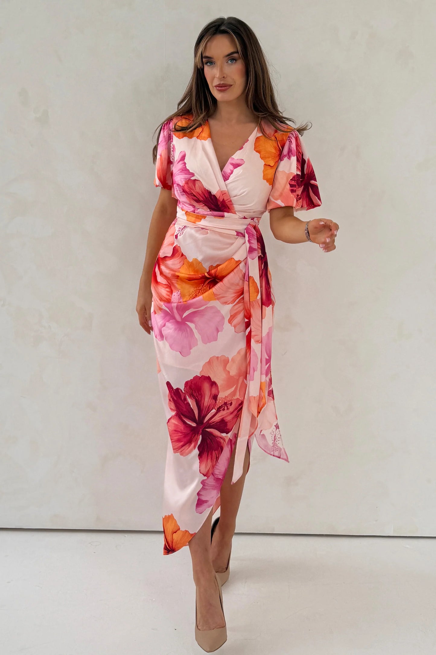 Drew puff sleeve wrap front midi