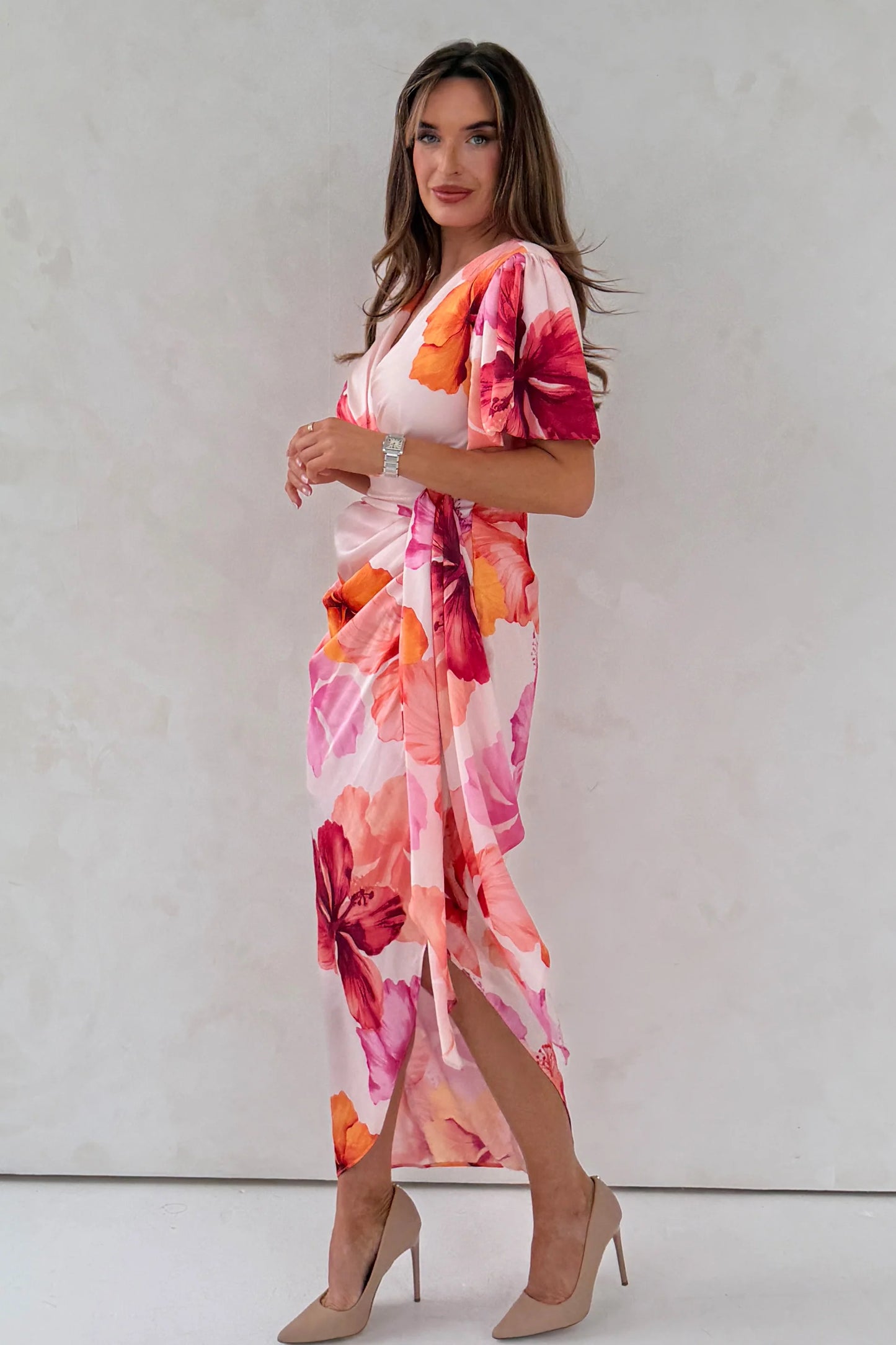 Drew puff sleeve wrap front midi