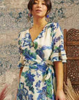 The Catalina Flutter Sleeve Maxi Wrap Dress With Contrast Lace And Tie Waist In Oversized Floral