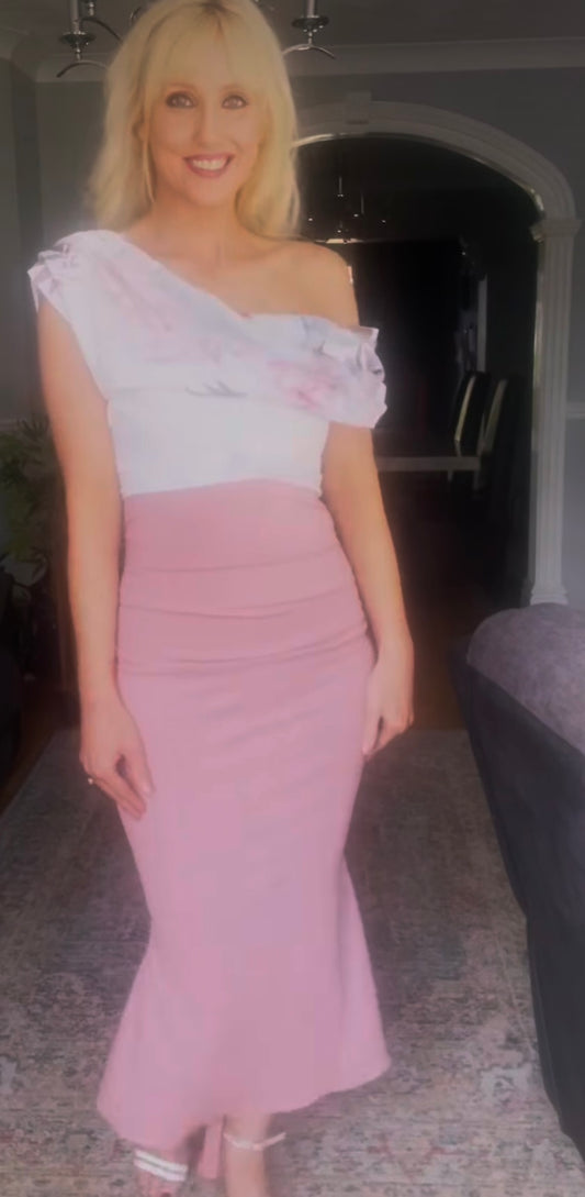 Two tone blush and white Bardot dress