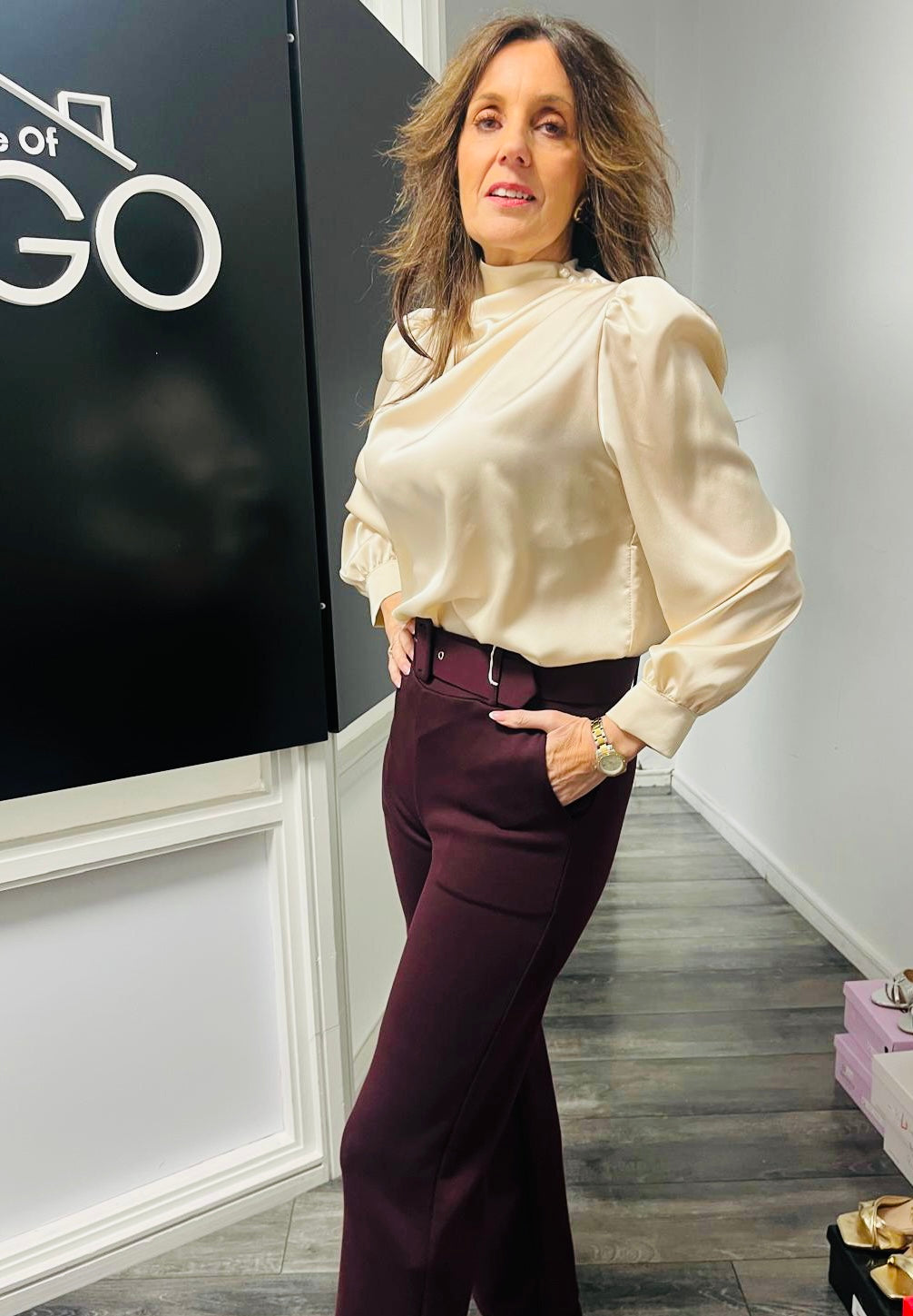 Cream pearl satin top
