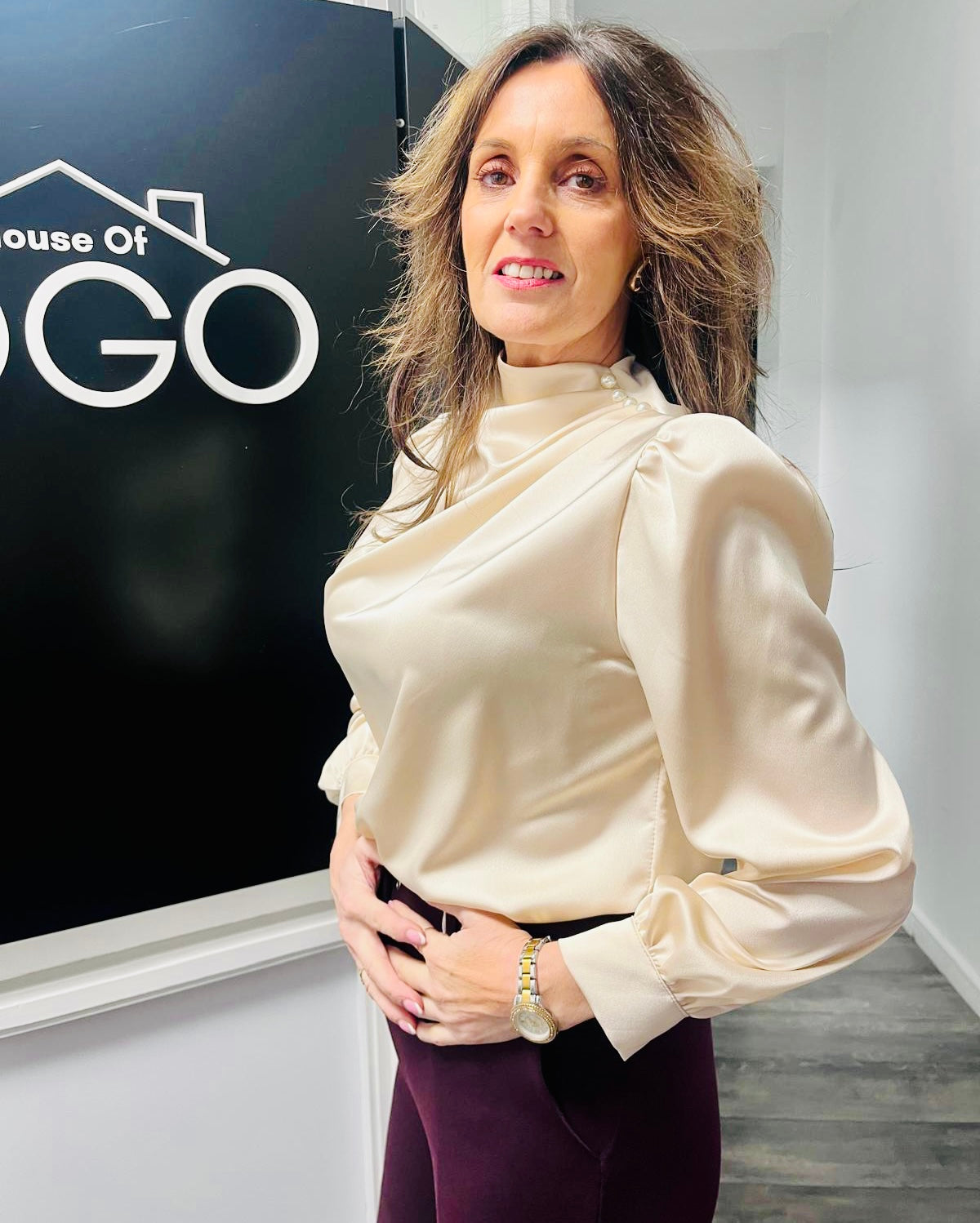 Cream pearl satin top