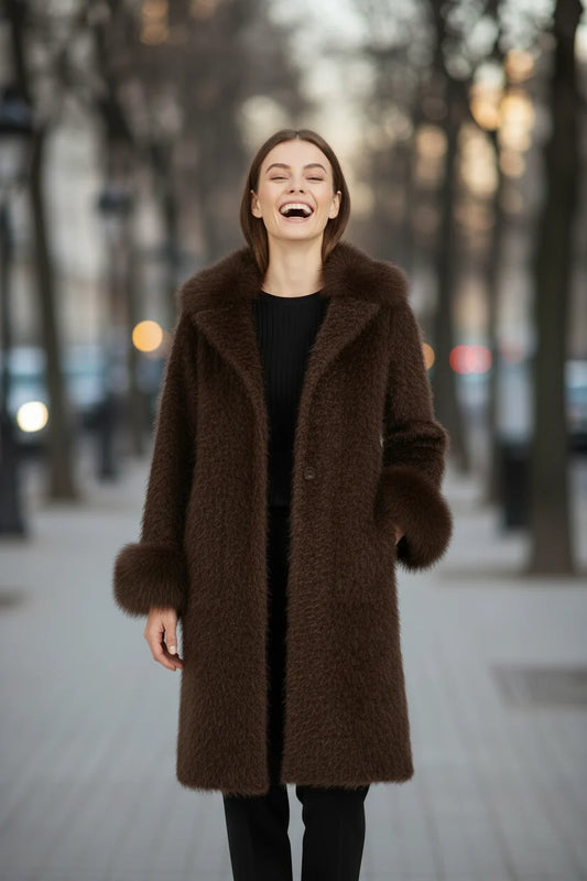 MXO chocolate Brown coat with fur cuffs and collar
