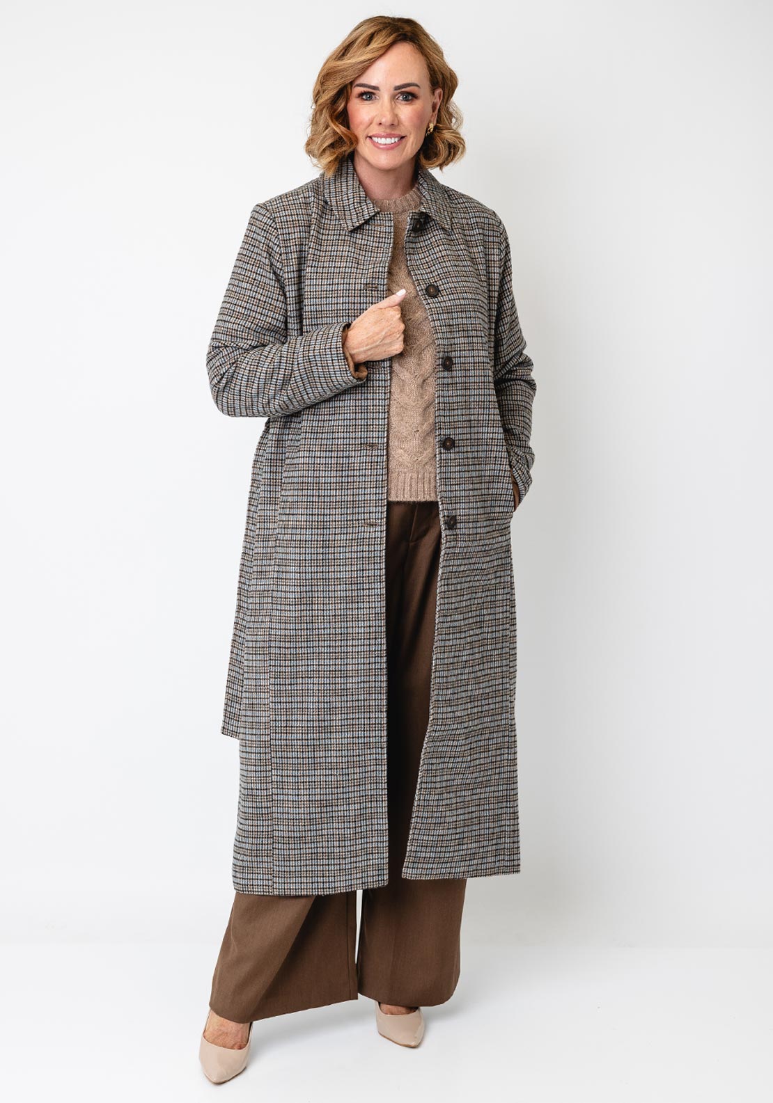 Fransa Check brown tobacco belted coat