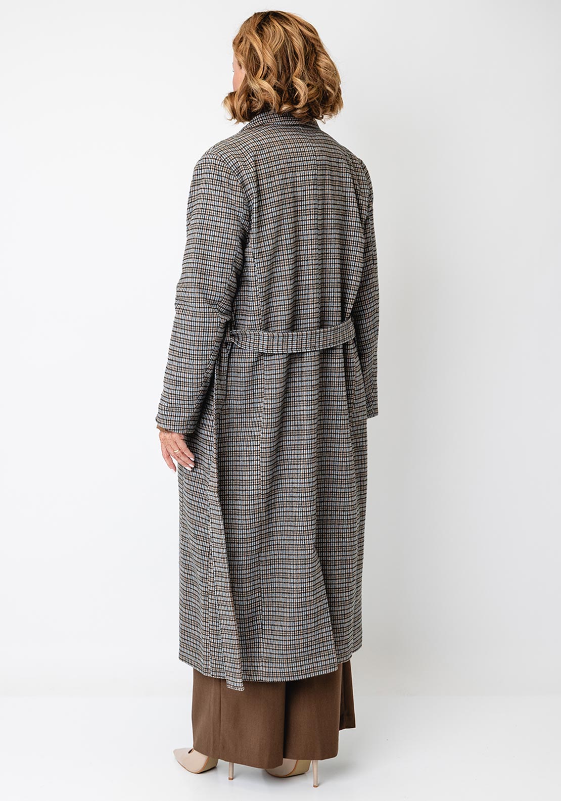 Fransa Check brown tobacco belted coat