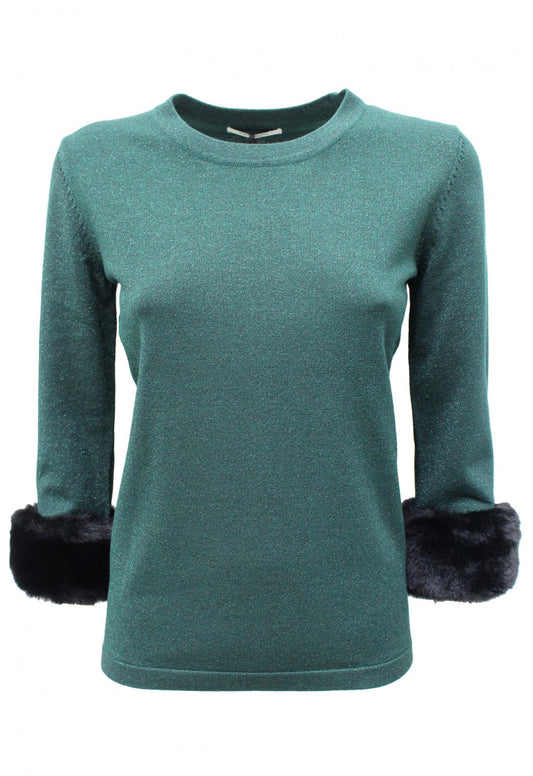 Fly Girl italia forest green sweater with fur cuffs