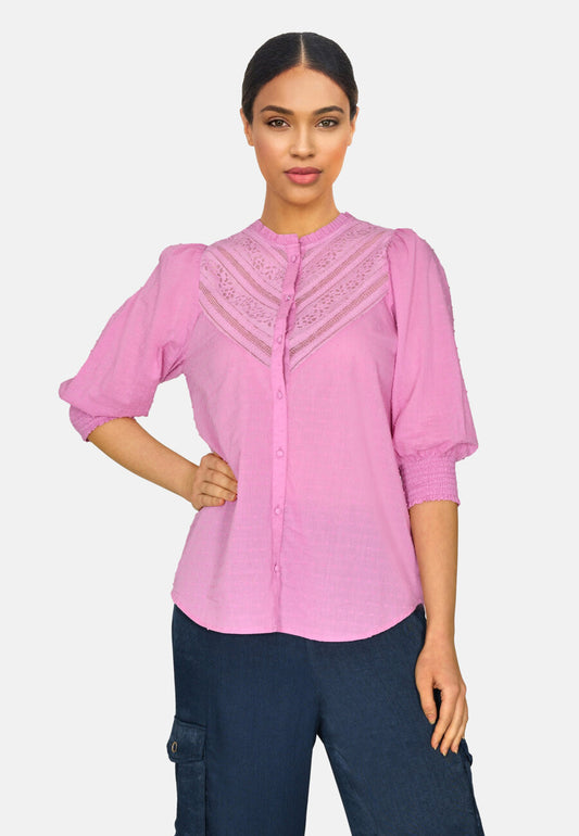 Pink cotton blouse with feminine lace detail