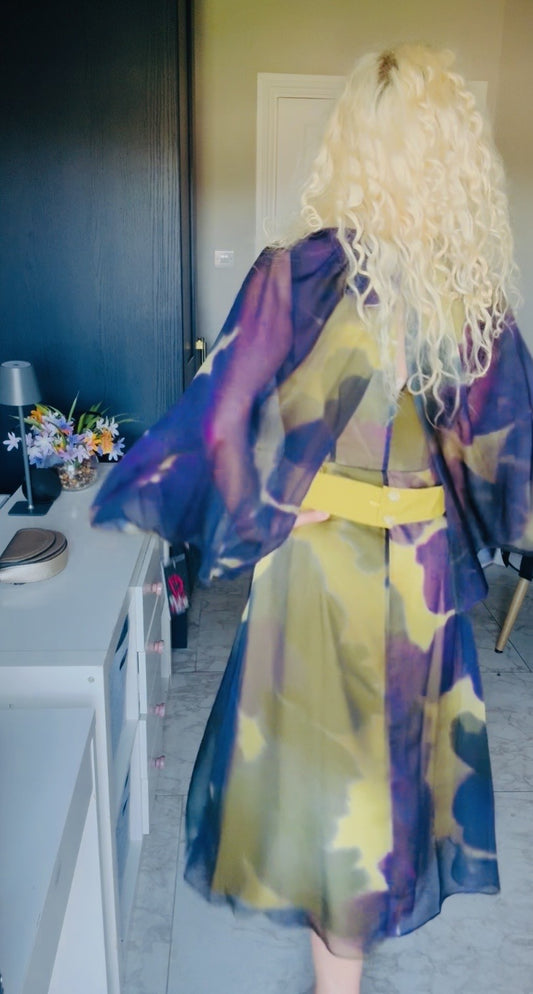 Purple and mustard dress with cape detail
