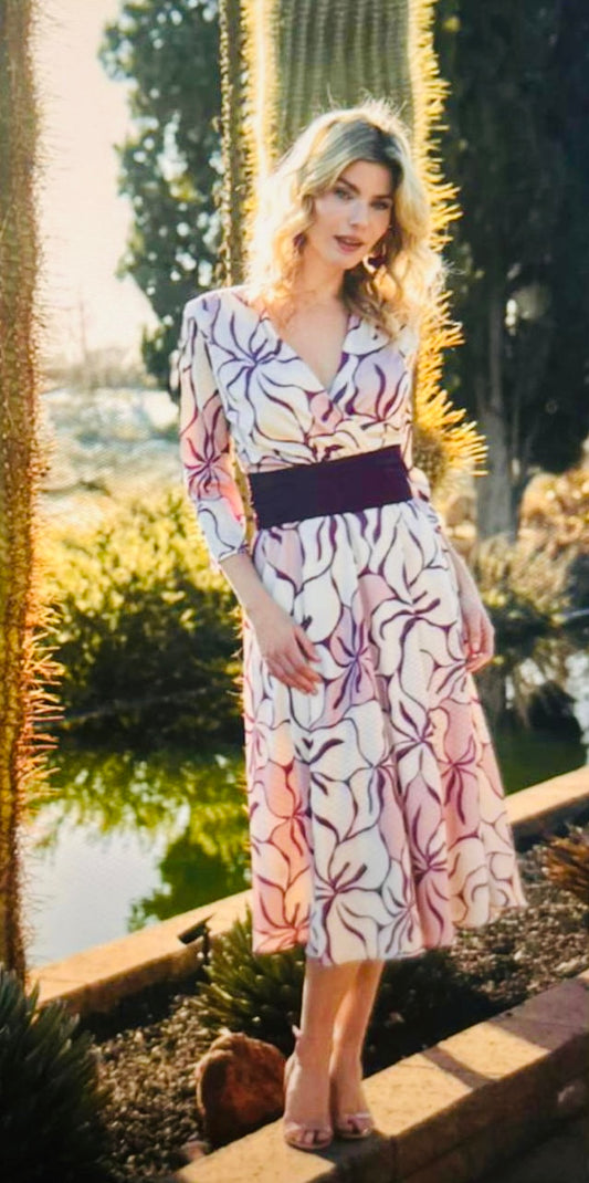 Cream dress with purple belt and detail