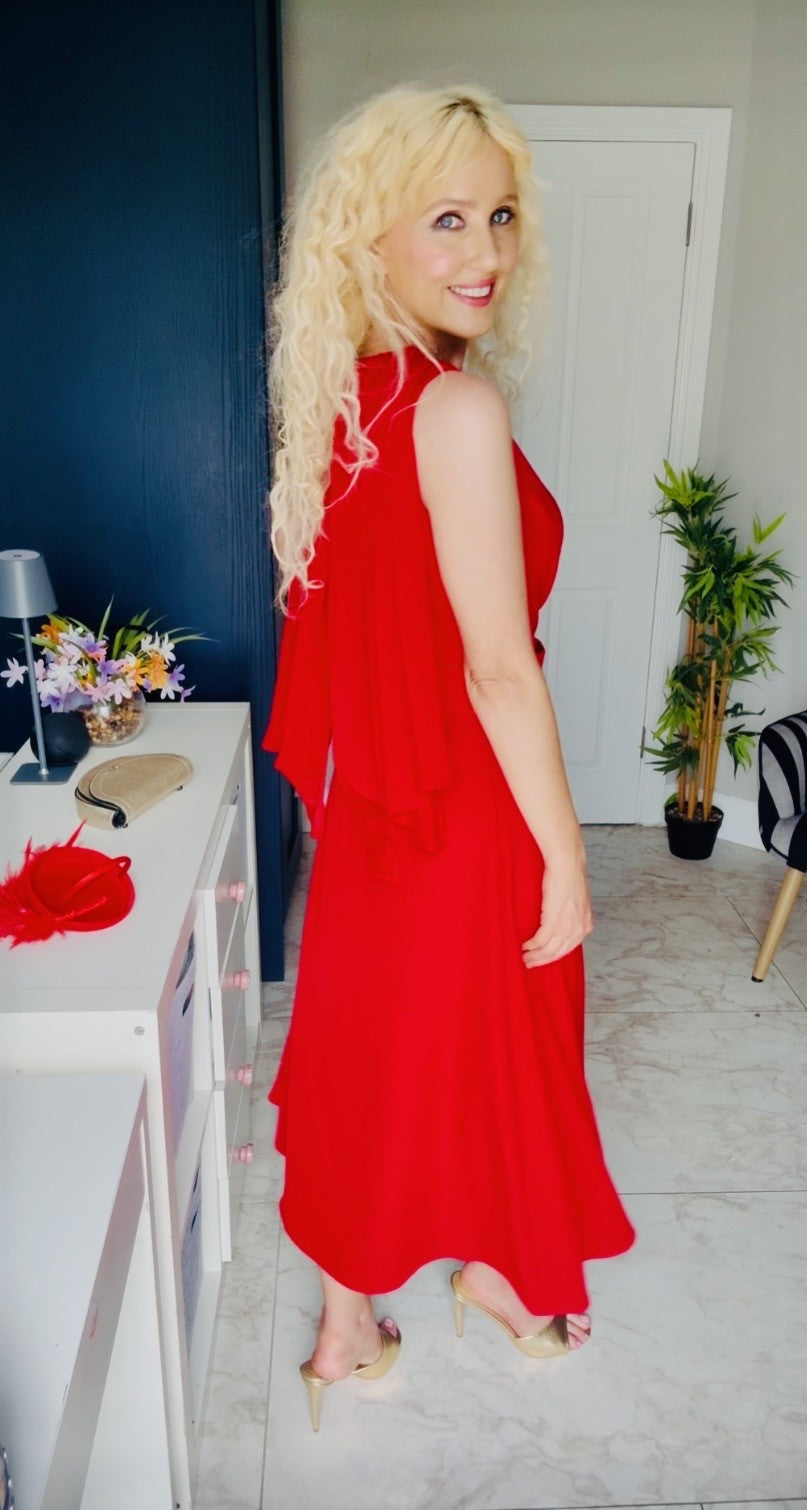Red cape dress with gold broach detail