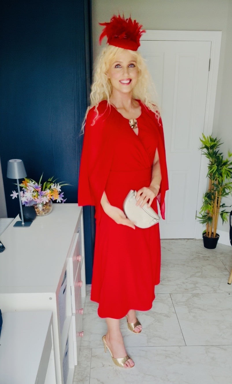 Red cape dress with gold broach detail