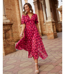 Rose red flower pattern dress