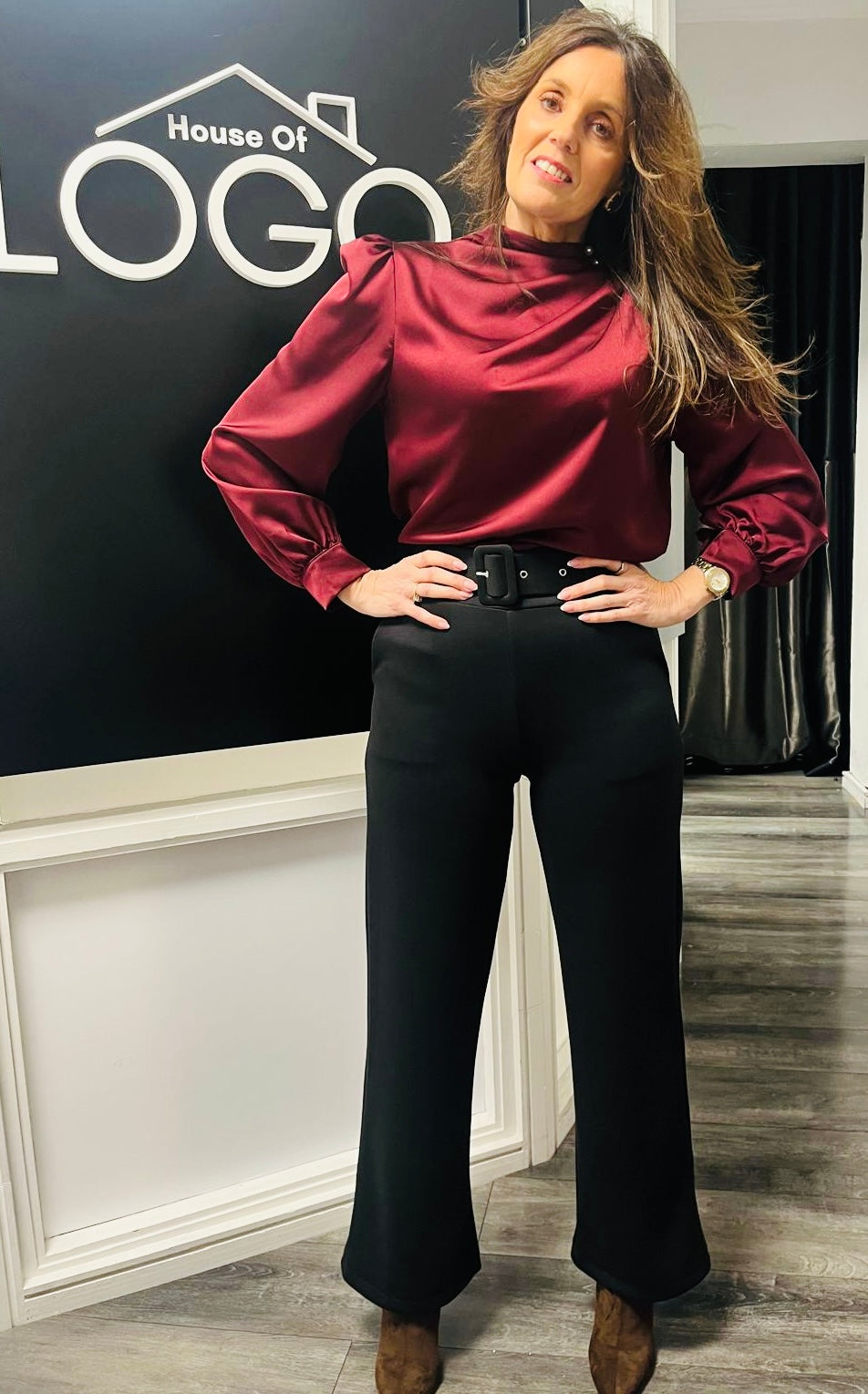 Burgundy pearl neck line top
