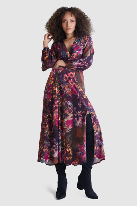 CLOSET MAROON FLORAL PRINT FULL SKIRT WRAP DRESS