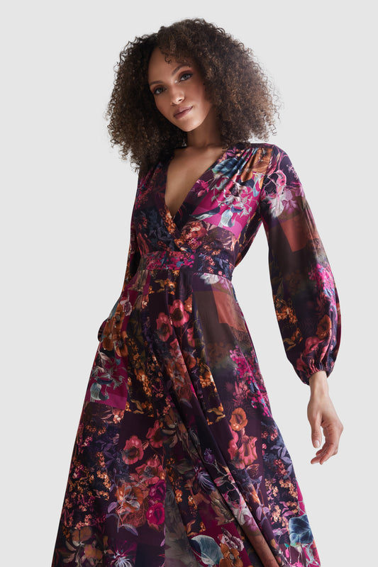 CLOSET MAROON FLORAL PRINT FULL SKIRT WRAP DRESS