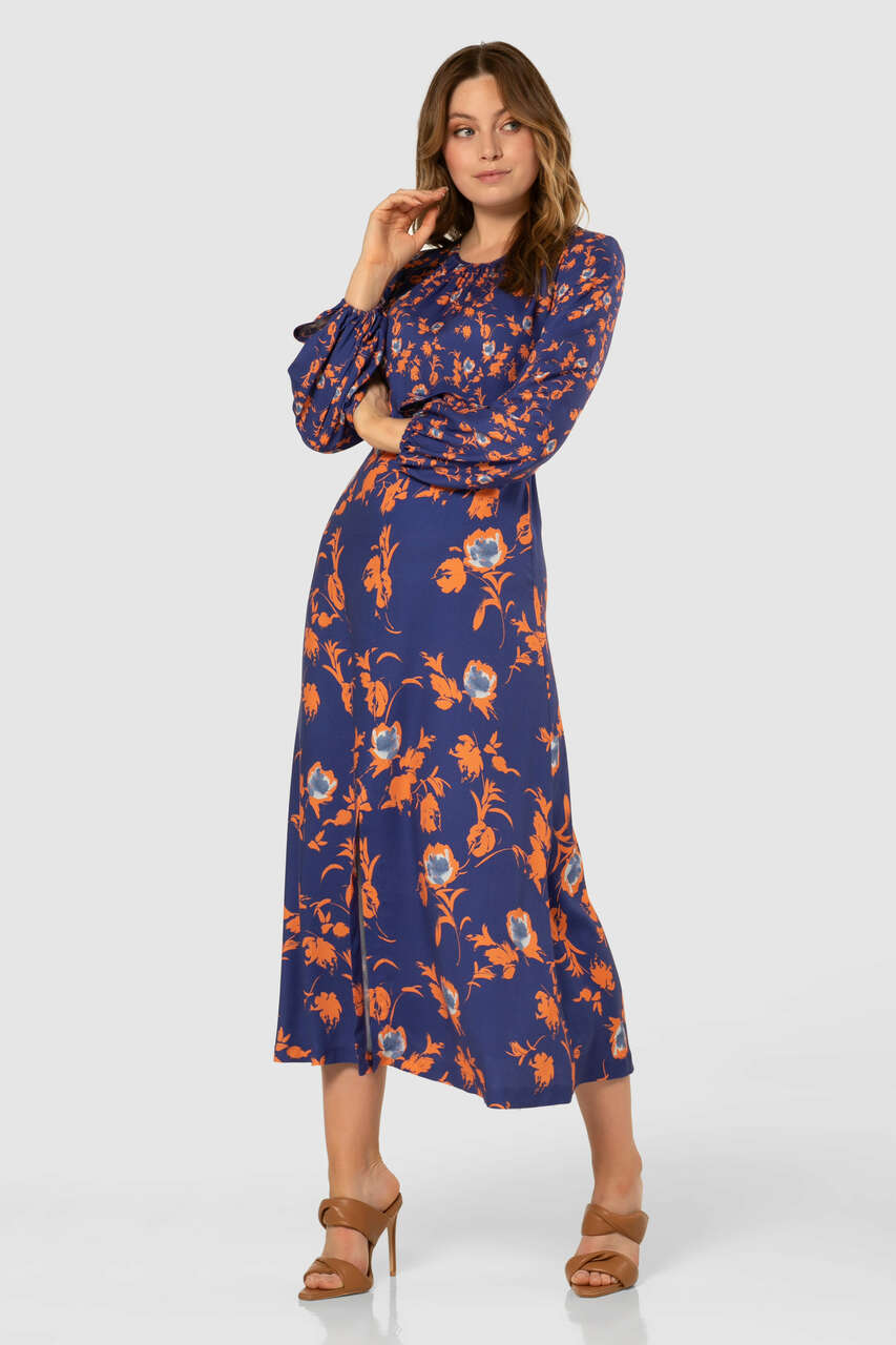 Closet London Blue Floral Print Gathered neck floral print dress