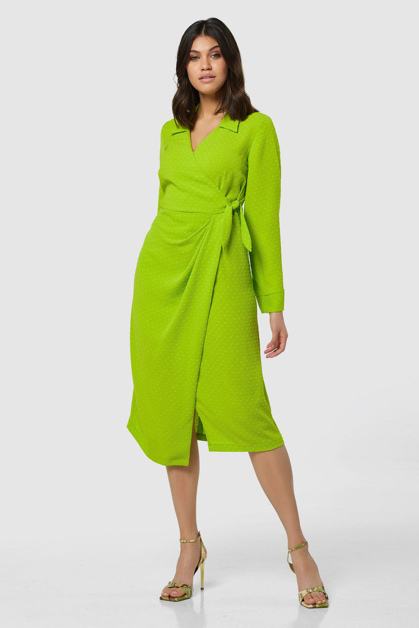CLOSET LONDON LIME GREEN WRAP MIDI DRESS