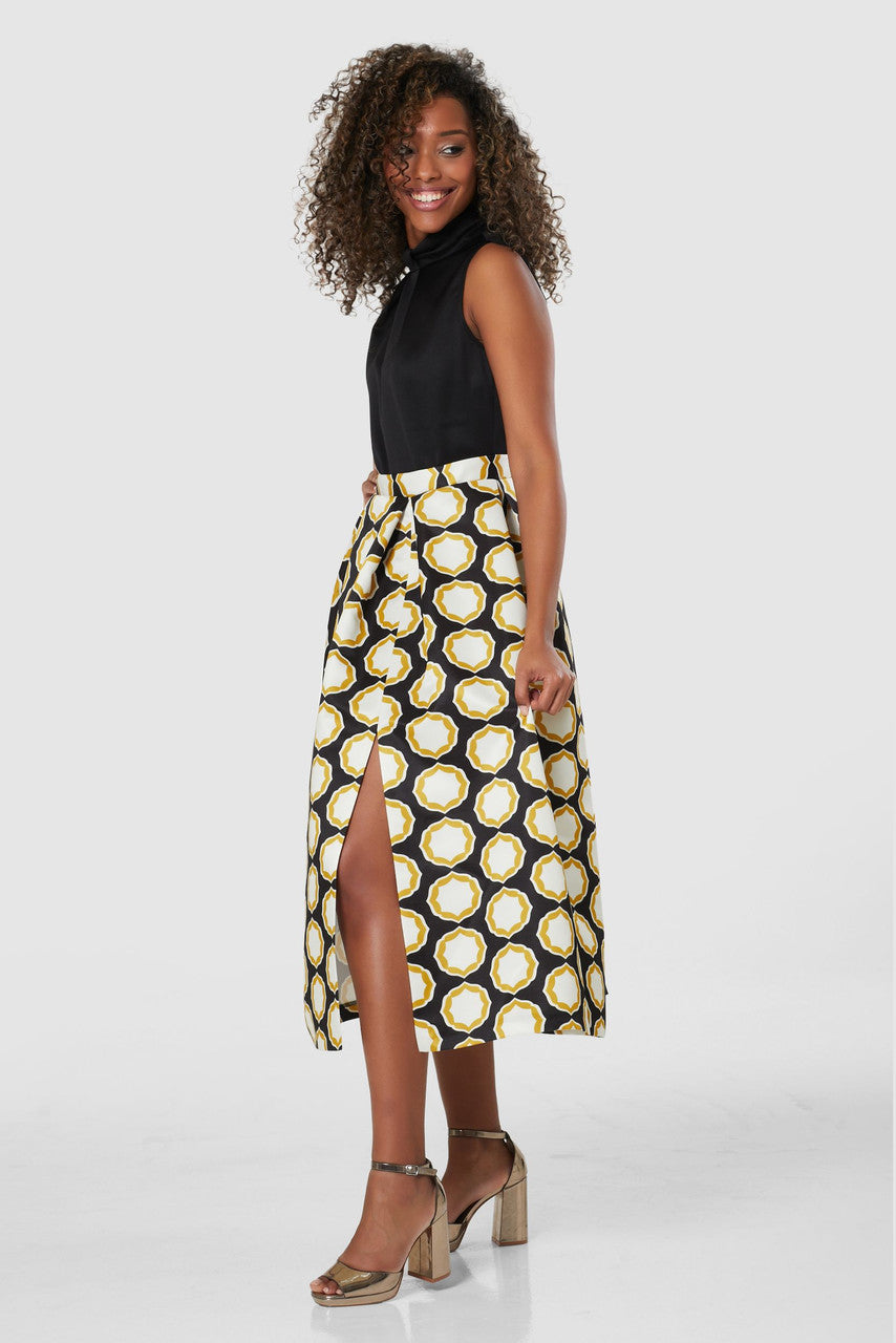 CLOSET LONDON BLACK 2-IN-1 FULL SKIRT PRINT MIDI DRESS