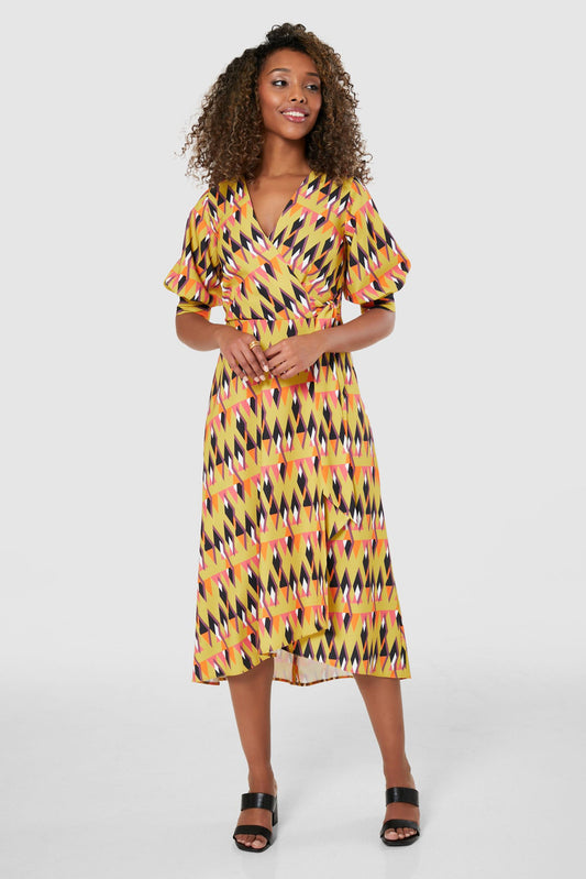 CLOSET LONDON MUSTARD PRINT PUFF SLEEVE MIDI DRESS