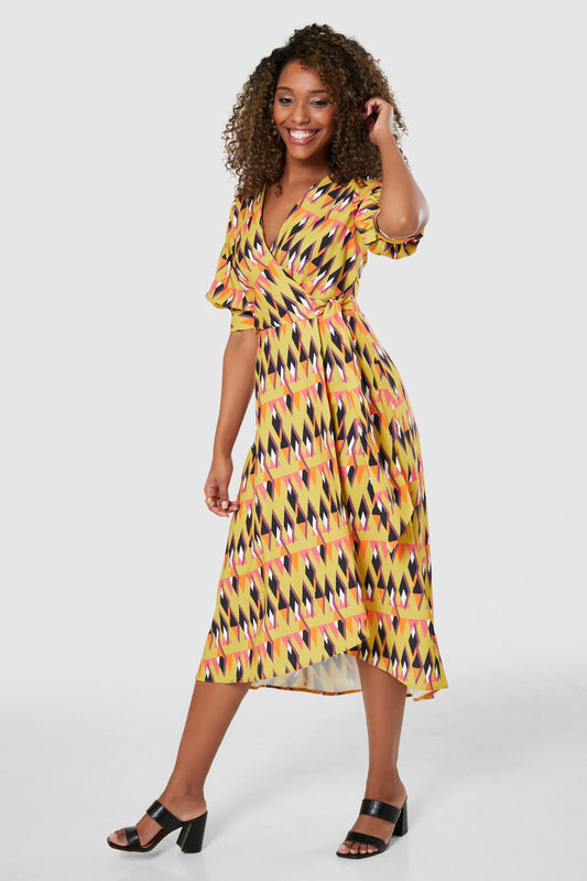 CLOSET LONDON MUSTARD PRINT PUFF SLEEVE MIDI DRESS