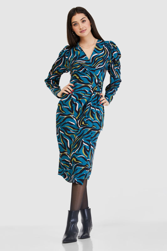 CLOSET LONDON BLUE PRINT WRAP PENCIL MIDI DRESS